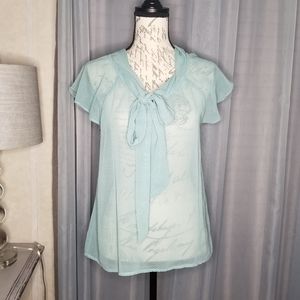 Blue transparent bow blouse